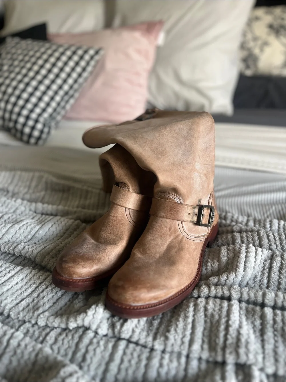 Frye Light Brown Leather Buckle Ankle Boots